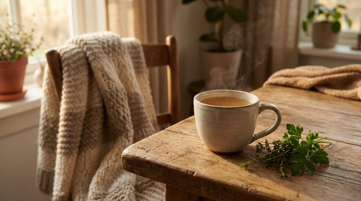Warme kop bone broth op rustieke houten tafel
