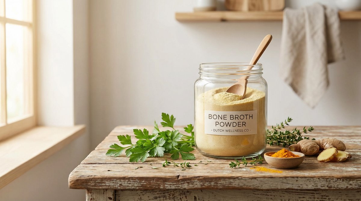 Bone broth poeder in glazen pot met verse kruiden