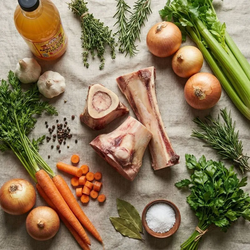 Verse biologische ingrediënten voor bone broth: wortels, uien, selderij en kruiden