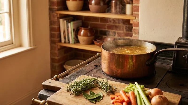 Bone broth sudderend in koperen pot